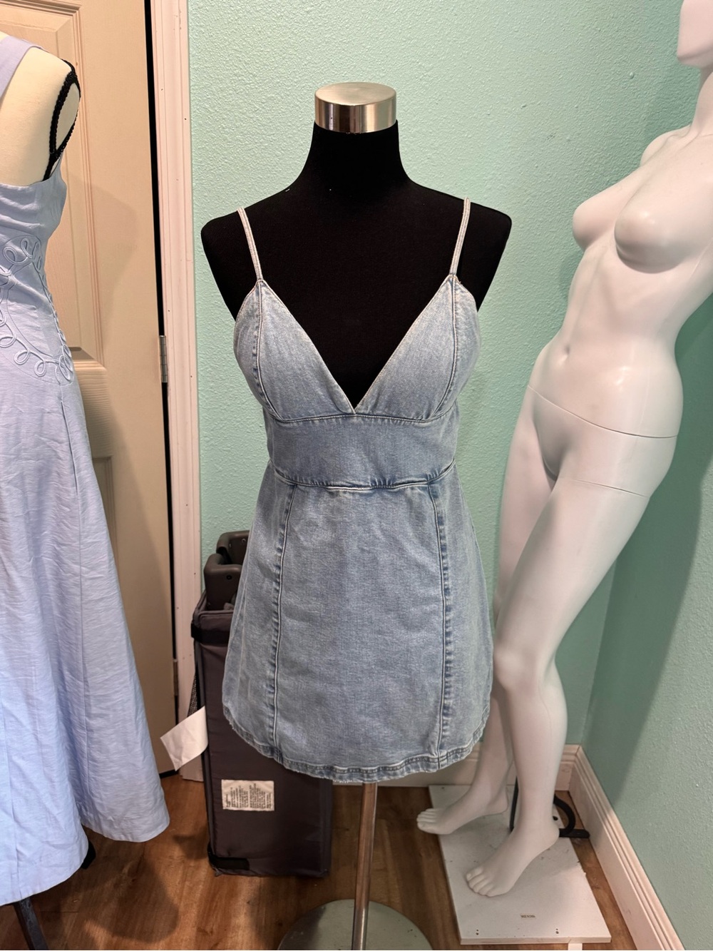 Alice + Olivia Light Blue Denim Mini Dress with Spaghetti Straps